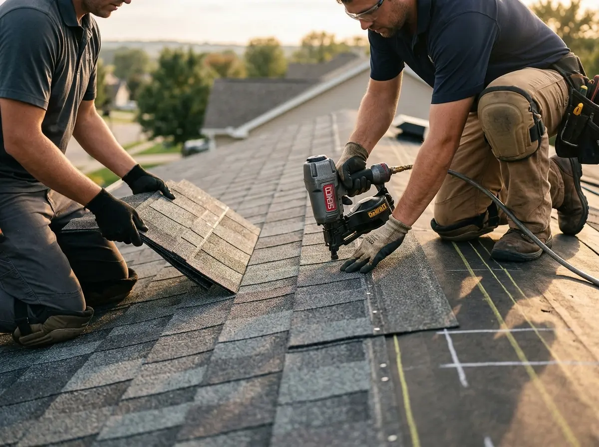 Professional roofer working on a residential roof in Winterset